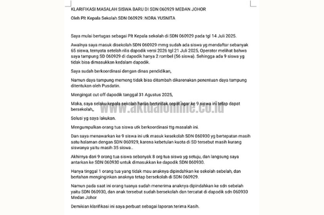 Klarifikasi Plt. Kasek SD 060929 Soal Siswa Dikeluarkan dari Sekolah dan Tidak Tercatat di Dapodik