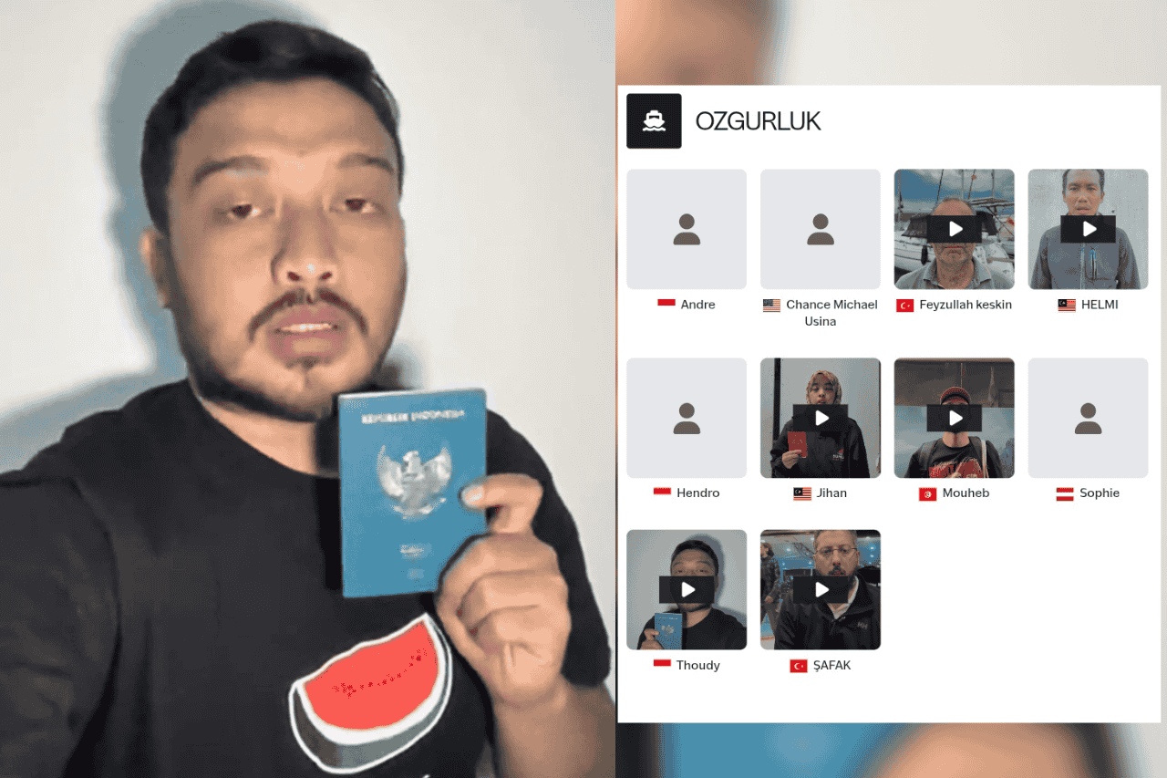 ‎Wartawan Republika Thoudy Badai saat mengungkap peristiwa penculikan dialaminya sambil memegang paspor, dan sejumlah penumpang kapal Ozgurluk yang ikut mengalami peristiwa serupa. (Foto: Ist/Aktual Online)