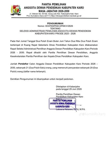 20 Calon Anggota Dewan Pendidikan Kabupaten Karo Lolos Seleksi Administrasi