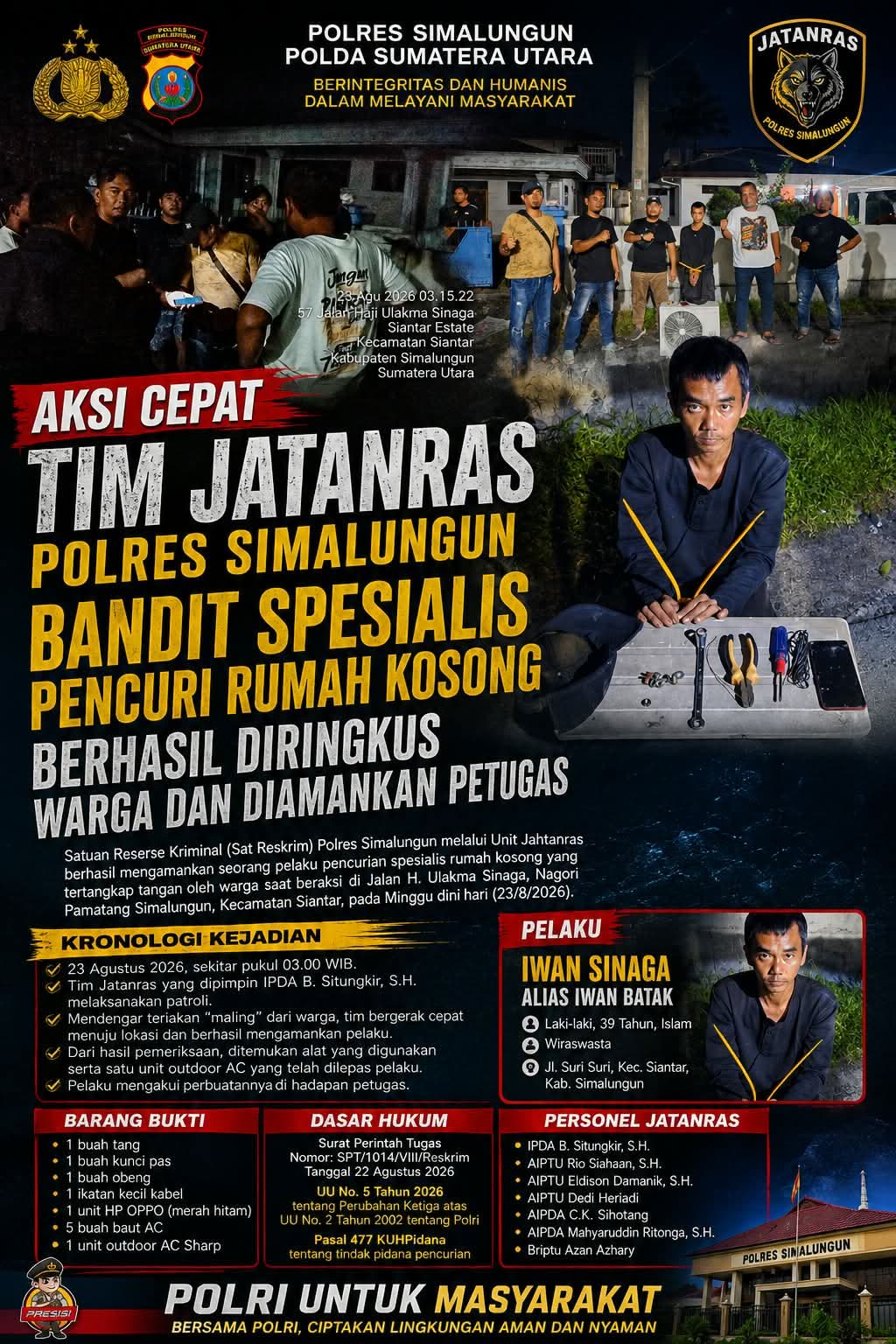 Gerak Cepat Jatanras Simalungun, Bandit Spesialis Rumah Kosong Diringkus Warga dan Polisi