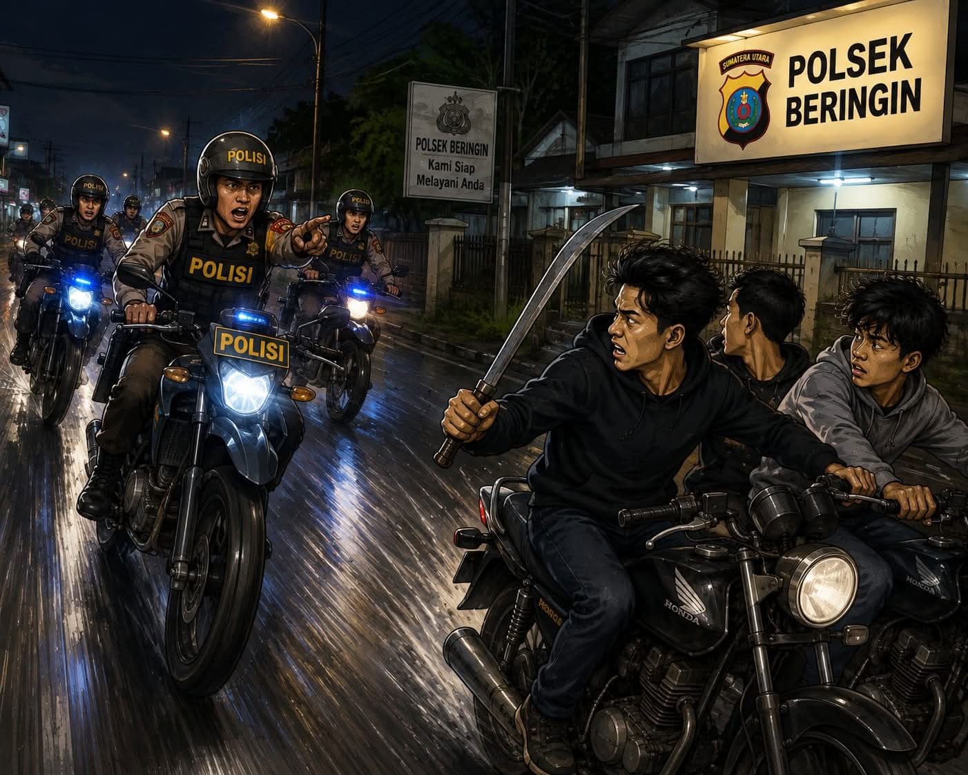 3 pelaku Geng Motor  Bawa Parang dan Celurit  Diamankan Tim Gabungan Patroli Polresta Deli Serdang
