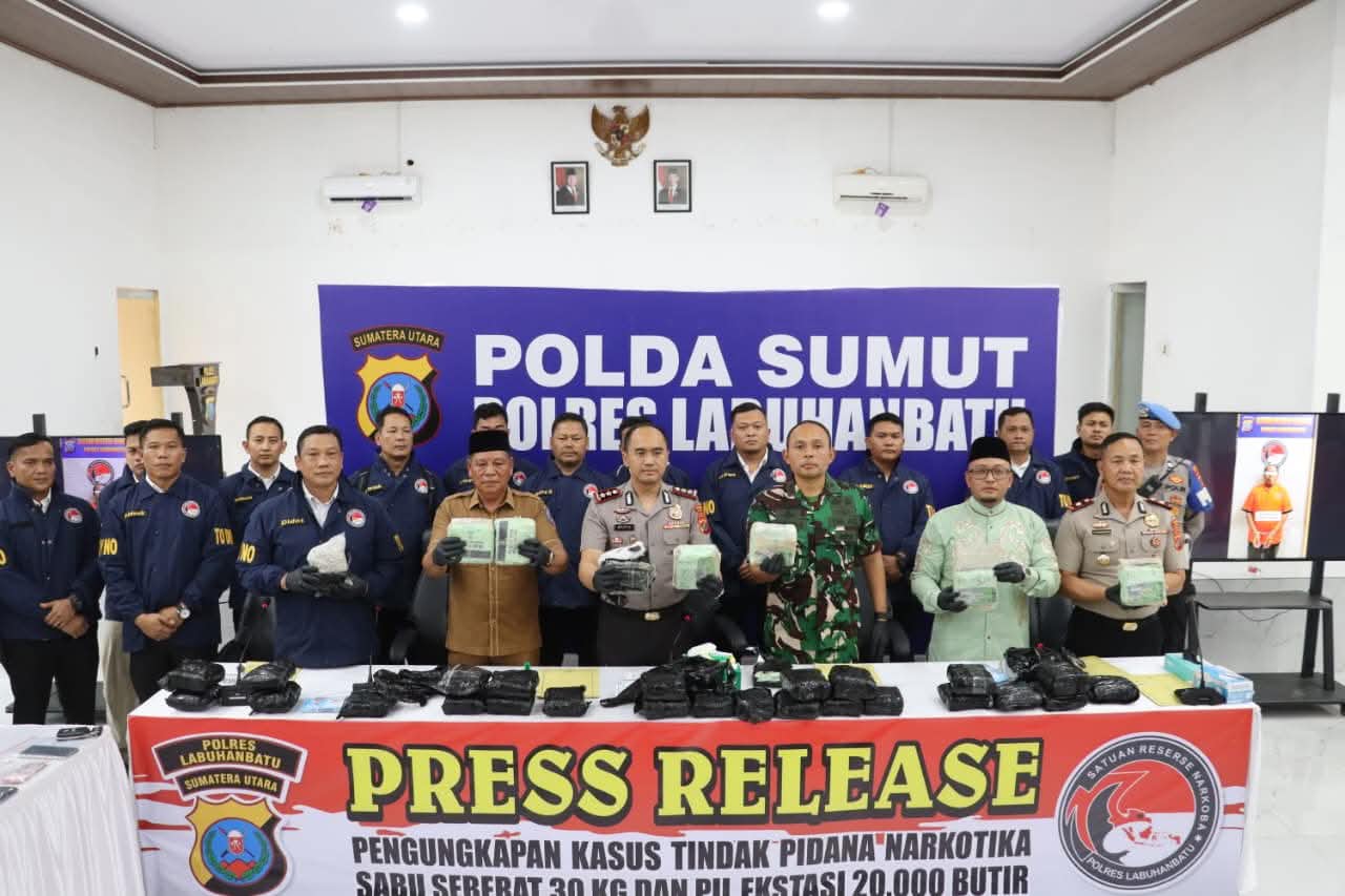 Polres Labuhanbatu Ungkap 30 Kilogram Sabu dan 20.000 Butir Pil Ekstasi