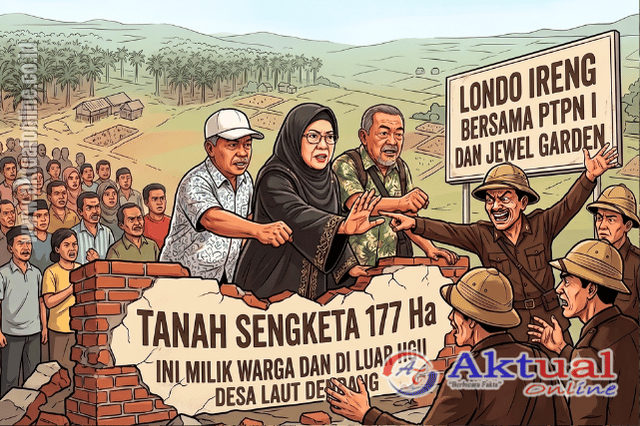 Ilustrasi masyarakat melawan 'londo ireng' di balik PTPN I Regional I dan Jewel Garden. (Grafis: Tim Produksi Aktual Online)