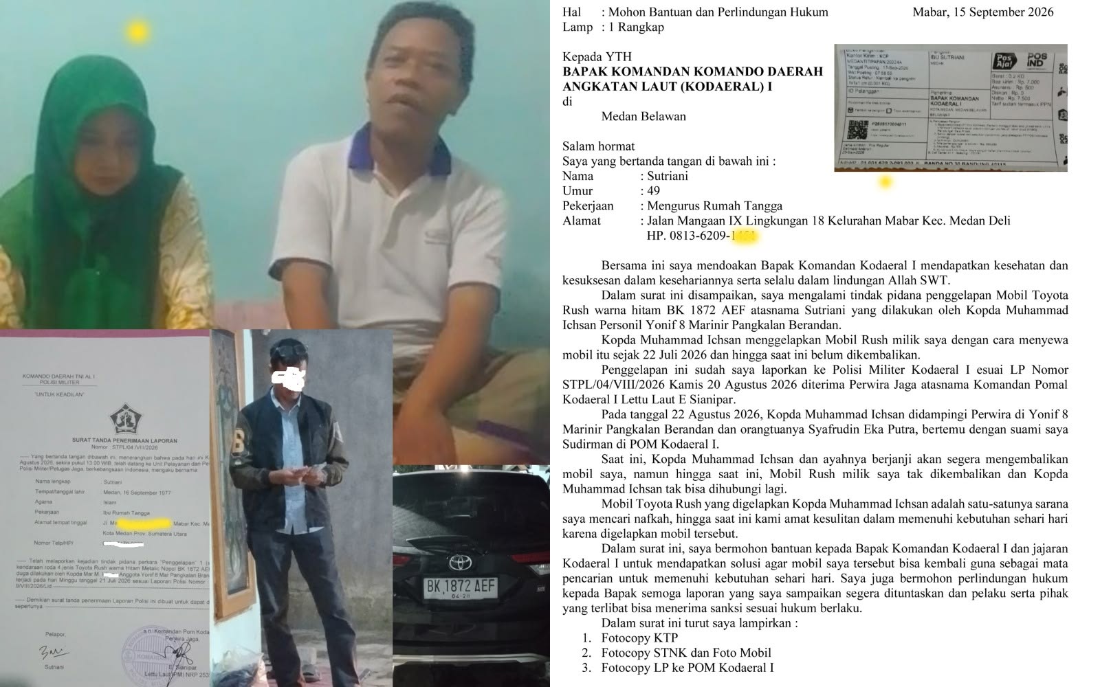 Gelapkan Mobil, Pasutri Laporkan Oknum Marinir Pangkalan Berandan Ke POM dan Ke Dankodaeral IÂ