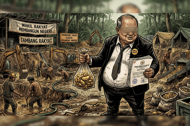 Ilustrasi oknum anggota DPRD Sumbar menjadi bandit tambang emas ilegal di Pasaman. (Grafis: Tim Produksi Aktual Online)