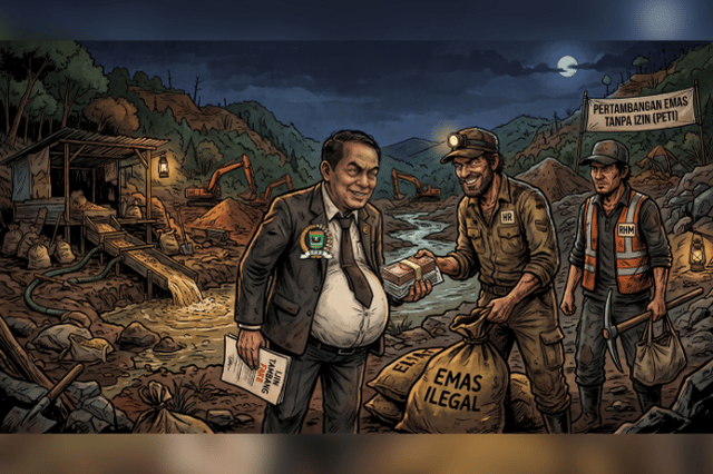 Ilustrasi oknum anggota DPRD Sumbar dengan kelompok bandit tambang emas ilegal Pasaman. (Grafis: Tim Produksi Aktual Online)