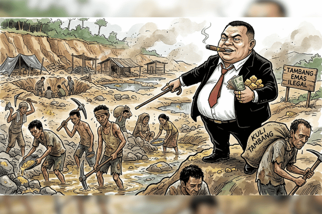 Ilustrasi oknum DPRD Sumbar dalam aktivitas tambang emas ilegal. (Grafis: Tim Produksi Aktual Online)