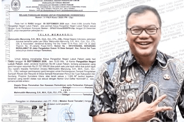 Kolase foto surat undangan pengambilan konsinyasi di PN Lubuk Pakam (kiri) dan Bupati Deli Serdang dr. Asri Ludin Tambunan. (Foto: Ist/Aktual Online)