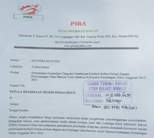 Bongkar Kasus Lama, PIRA Sumut Desak Kejari Simalungun Buka Berkas Bansos 2012-2014